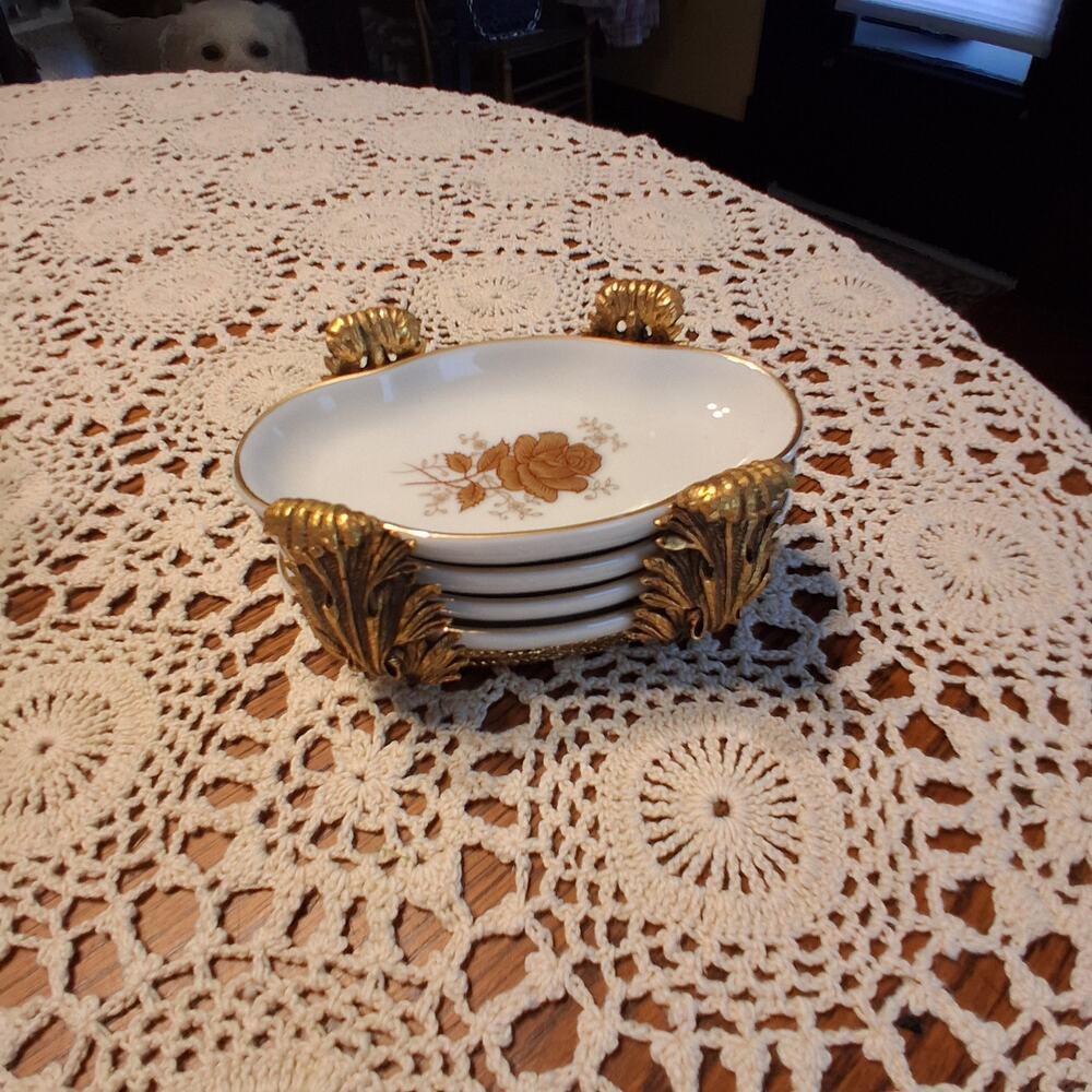 Vintage nut dishes with gold holder trinket plates set